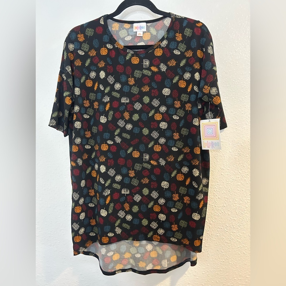 LuLaRoe Black Top with Multicolor Leaf Pattern